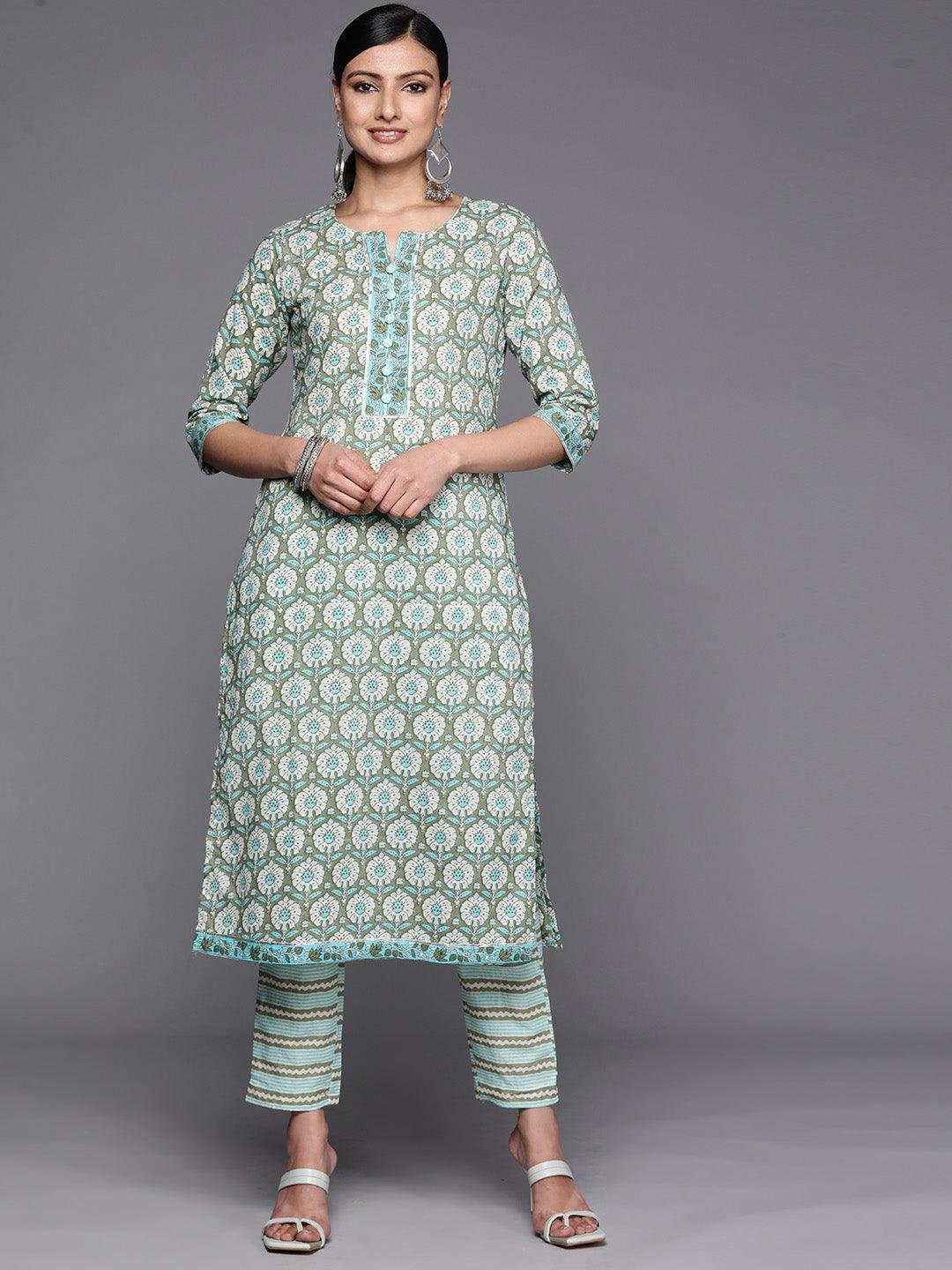 Green Printed Cotton Straight Kurta With Trousers