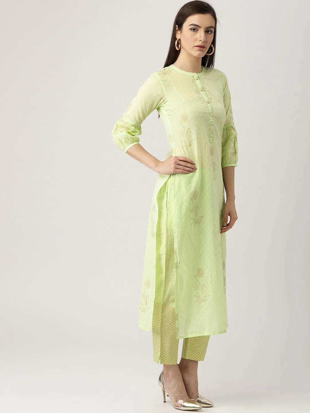 Green Printed Cotton Kurta Set - Libas