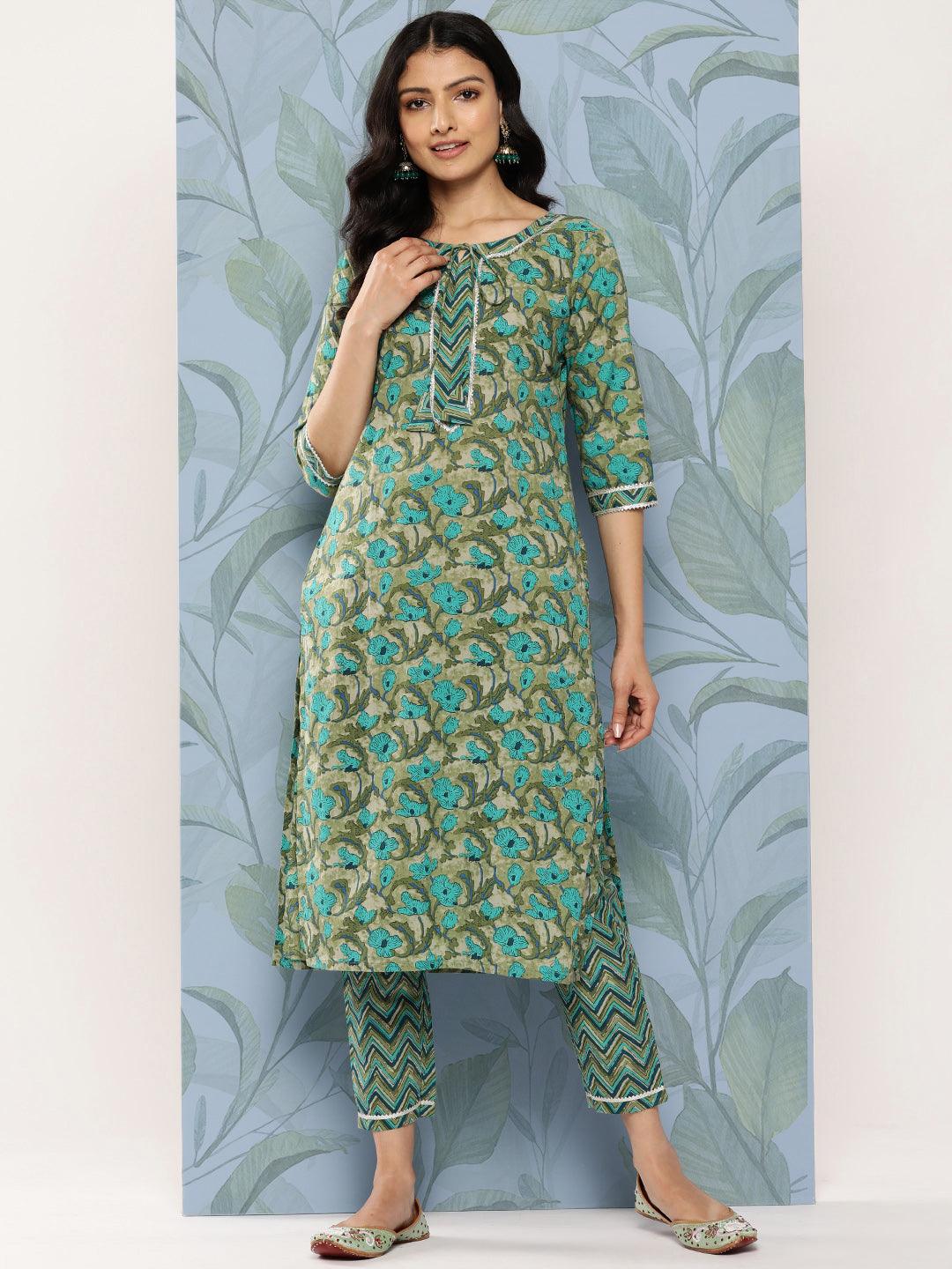 Green Printed Cotton Straight Kurta Set With Trousers - Libas