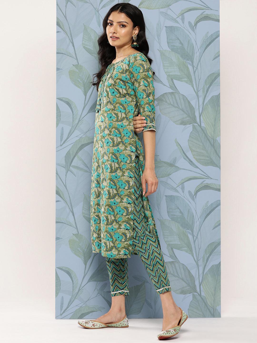 Green Printed Cotton Straight Kurta Set With Trousers - Libas