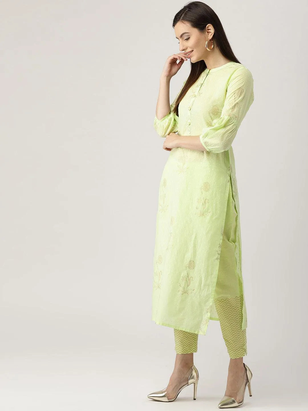 Green Printed Cotton Kurta Set - Libas 