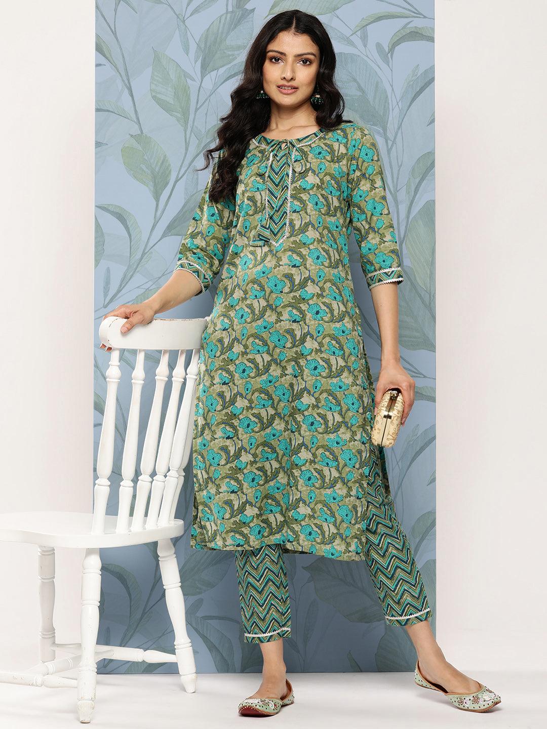 Green Printed Cotton Straight Kurta Set With Trousers - Libas