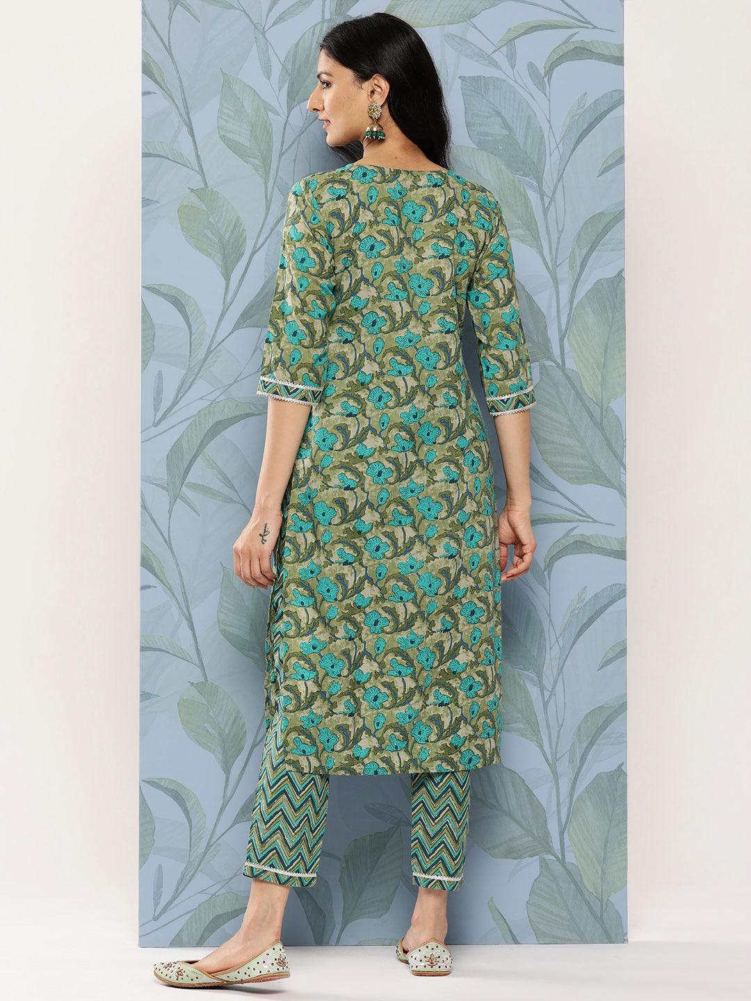 Green Printed Cotton Straight Kurta Set With Trousers - Libas