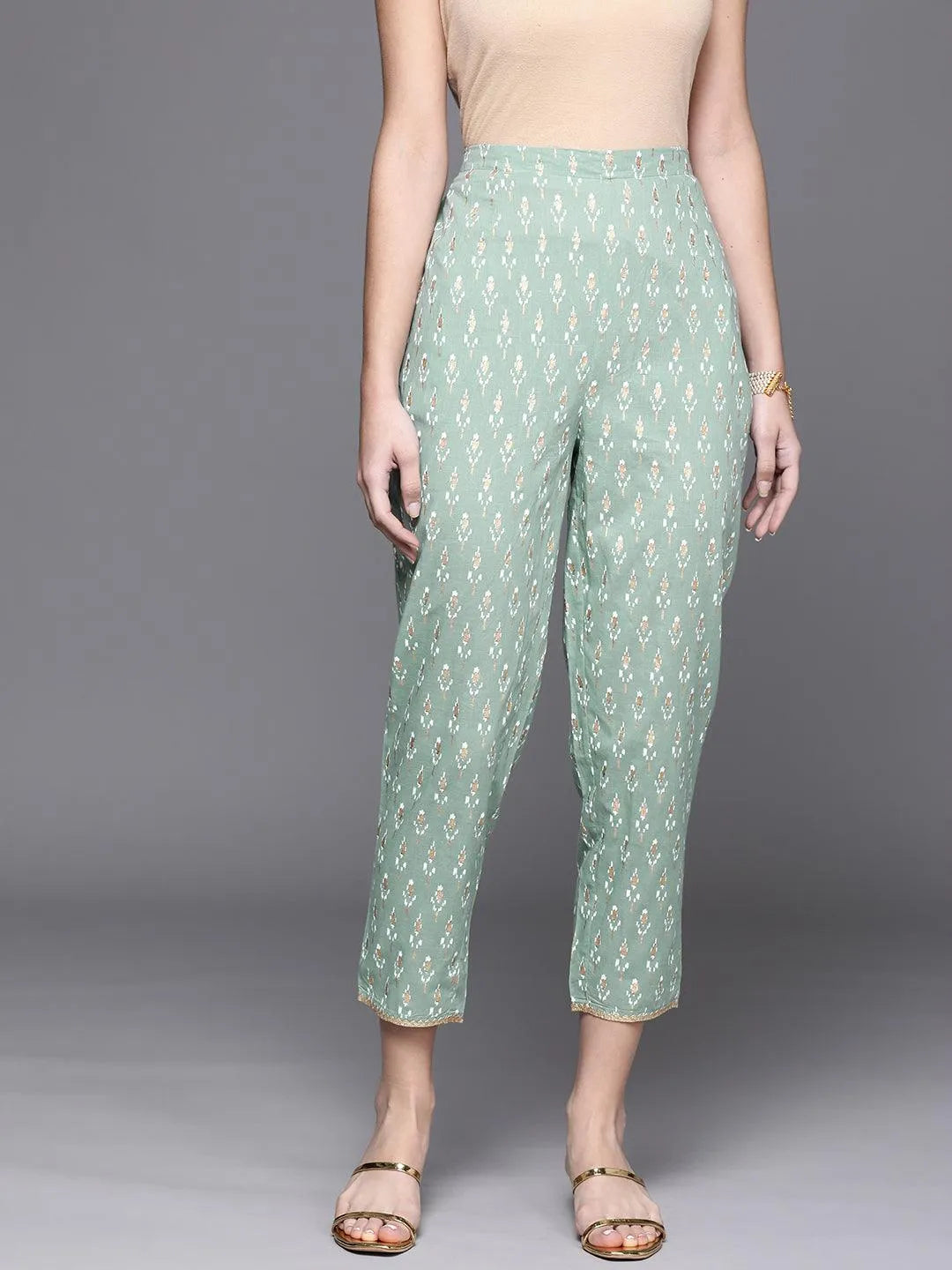 Green Printed Cotton Trousers - Libas