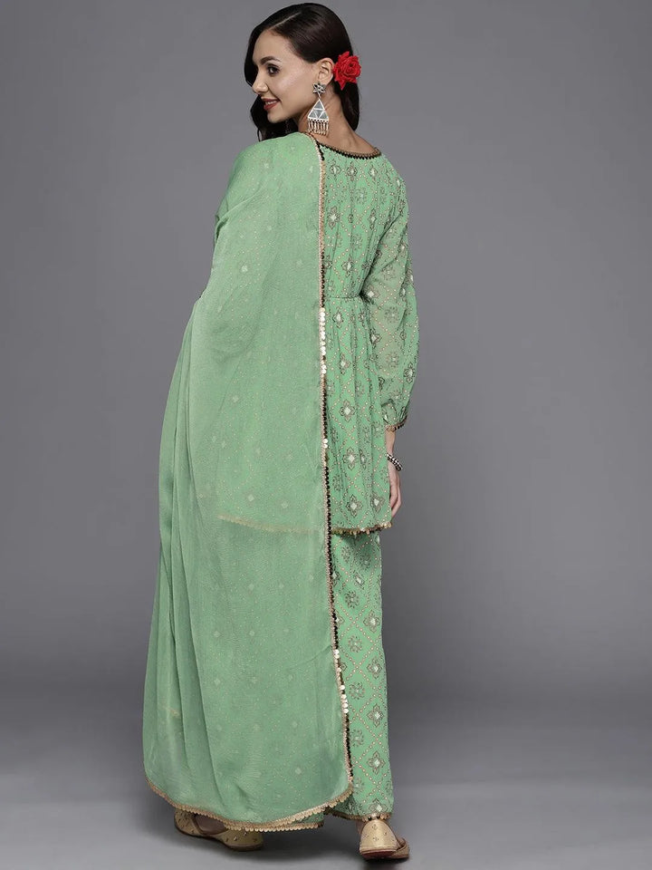 Green Printed Georgette A-Line Suit Set - Libas