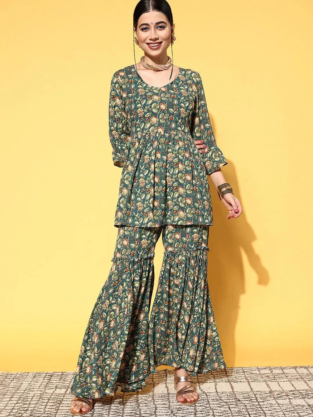 Green Printed Georgette Co-Ords - Libas 