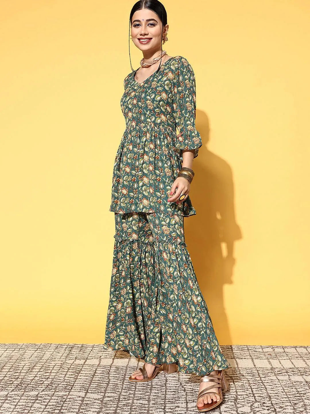 Green Printed Georgette Co-Ords - Libas 