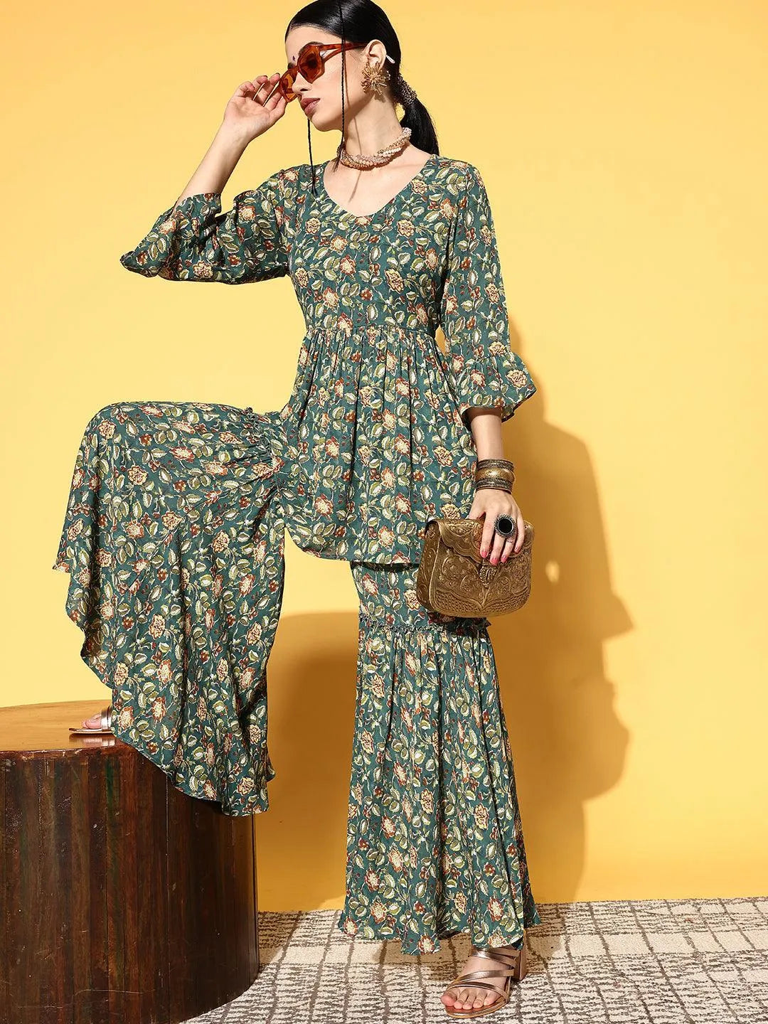 Green Printed Georgette Co-Ords - Libas 