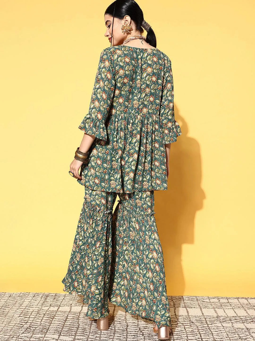 Green Printed Georgette Co-Ords - Libas 