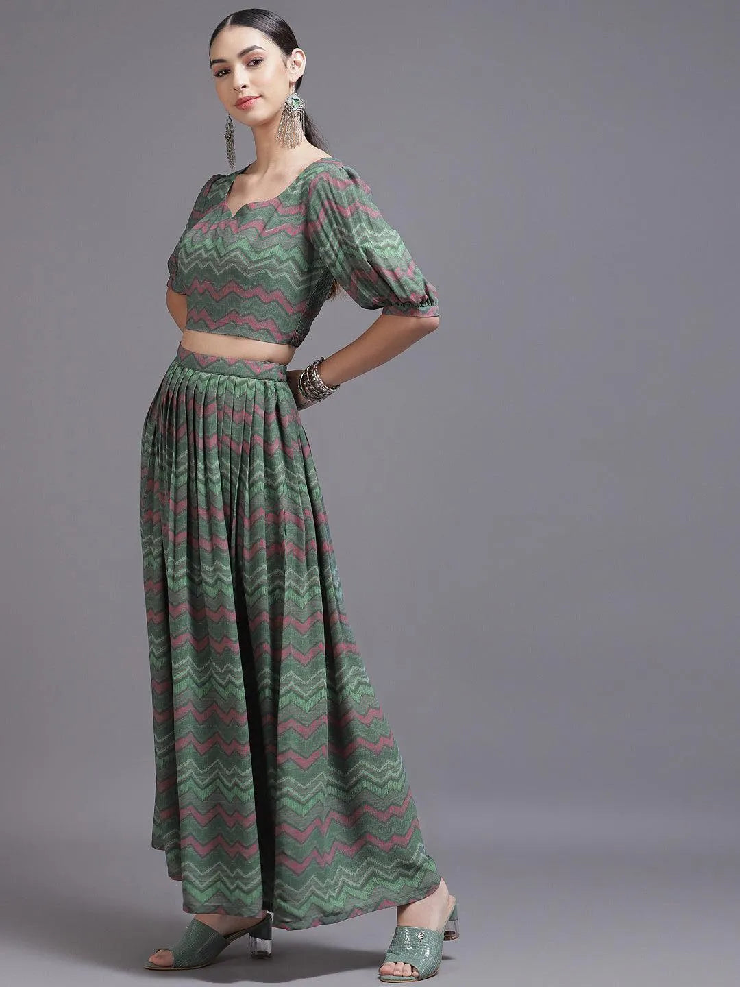 Green Printed Georgette Co-Ords - Libas