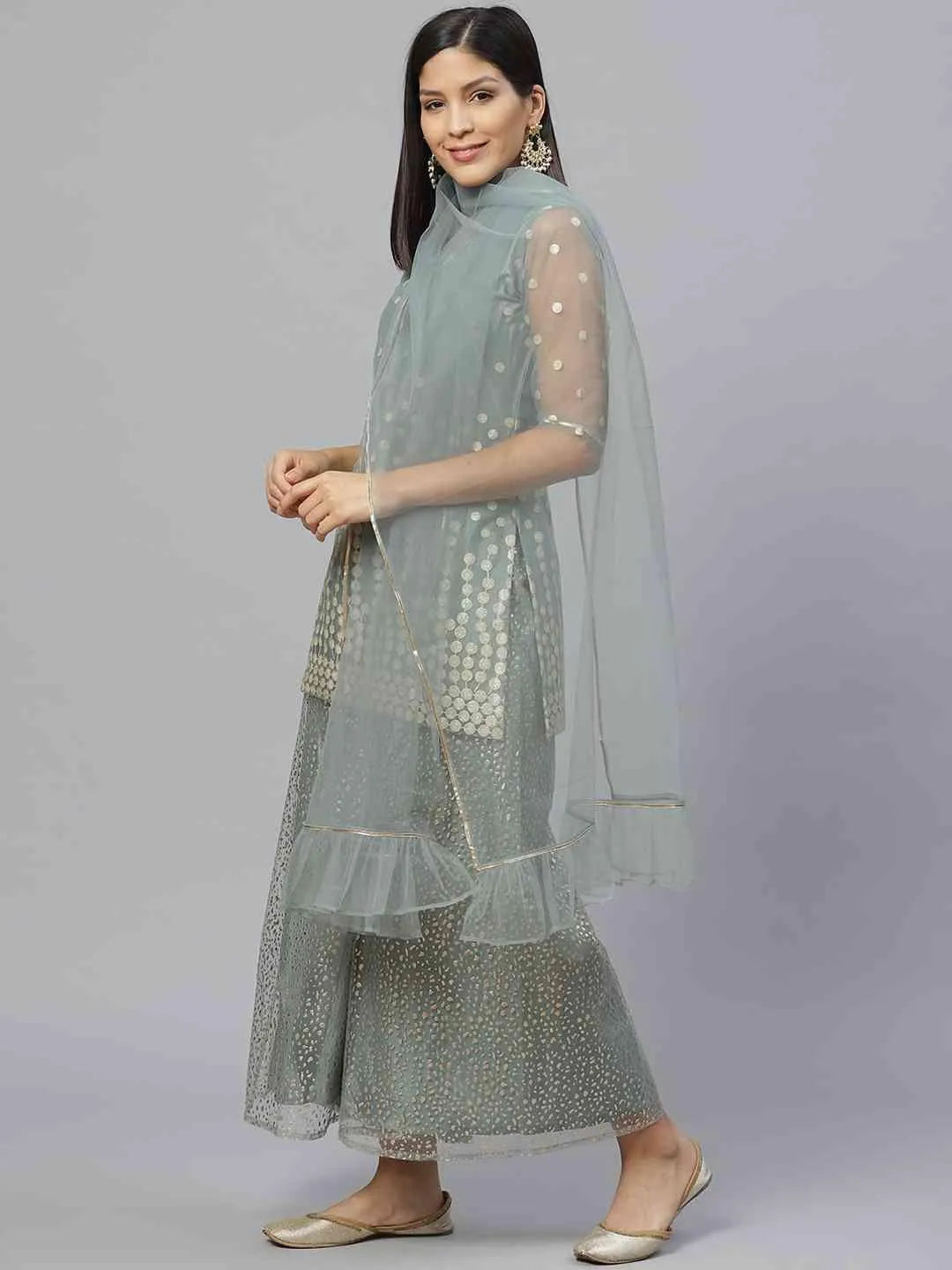 Green Printed Net Suit Set - Libas