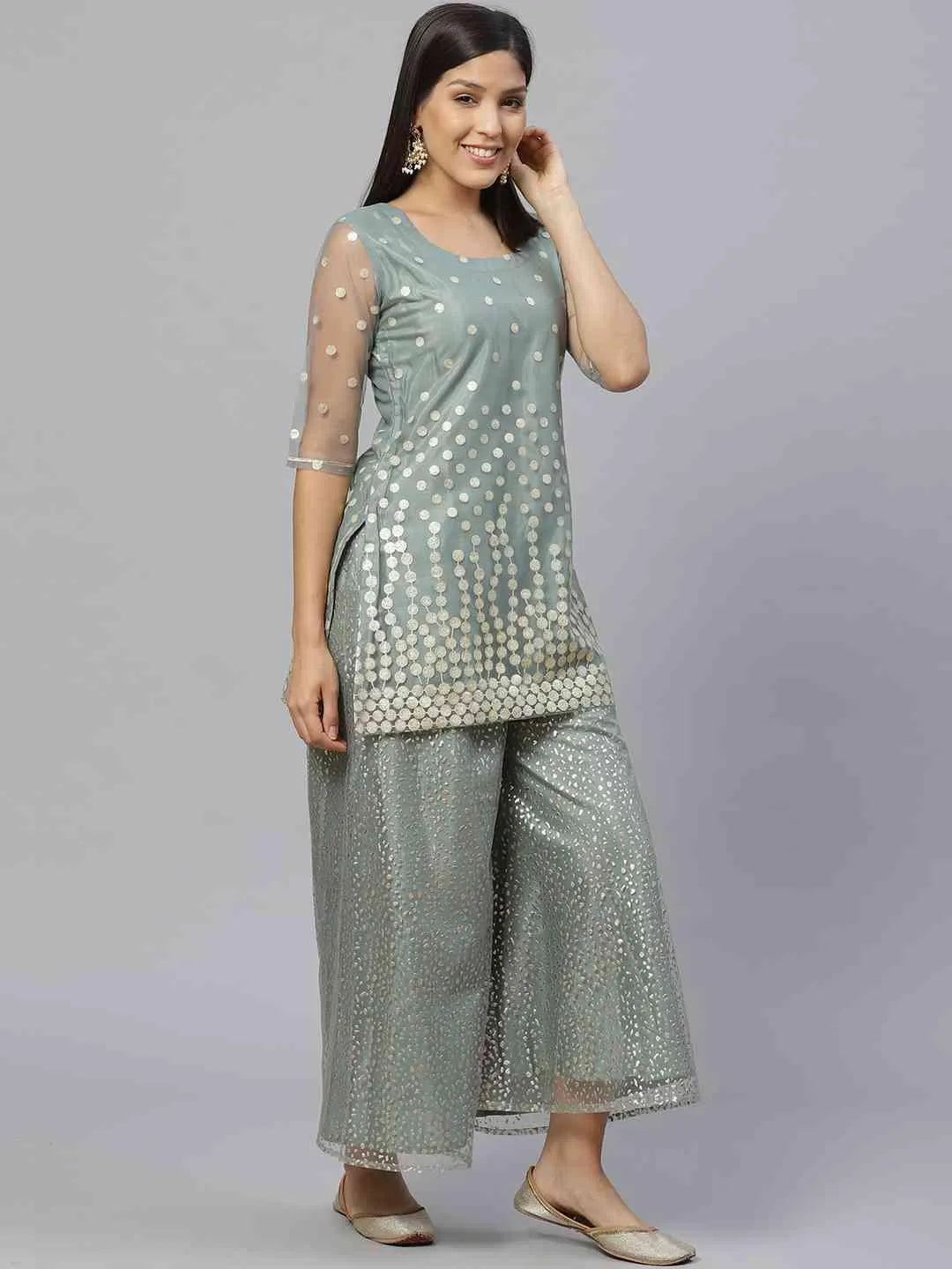 Green Printed Net Suit Set - Libas