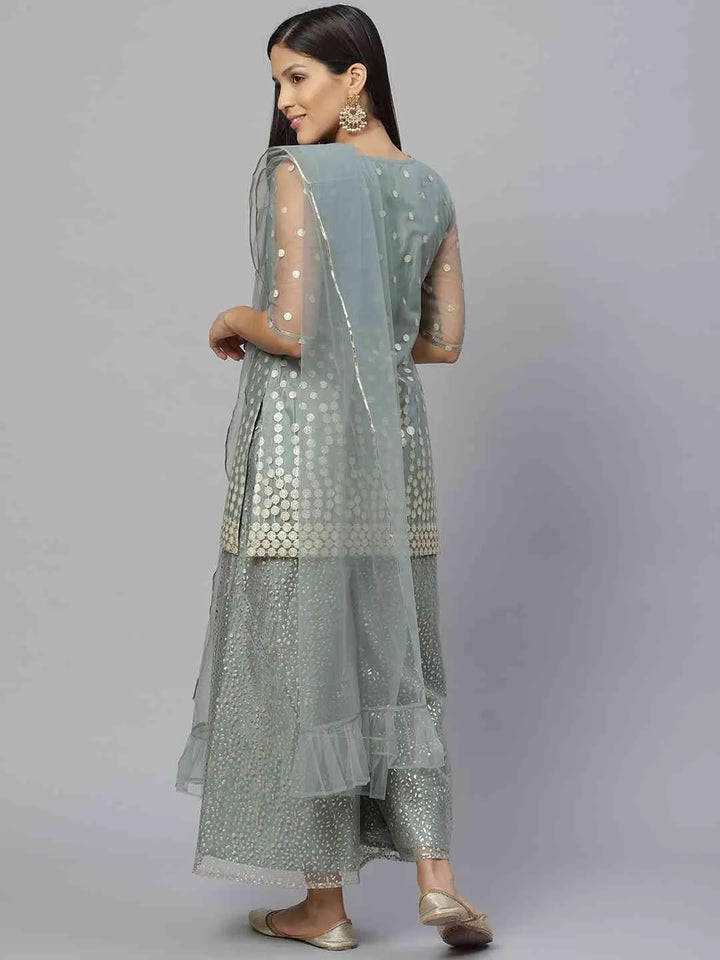 Green Printed Net Suit Set - Libas