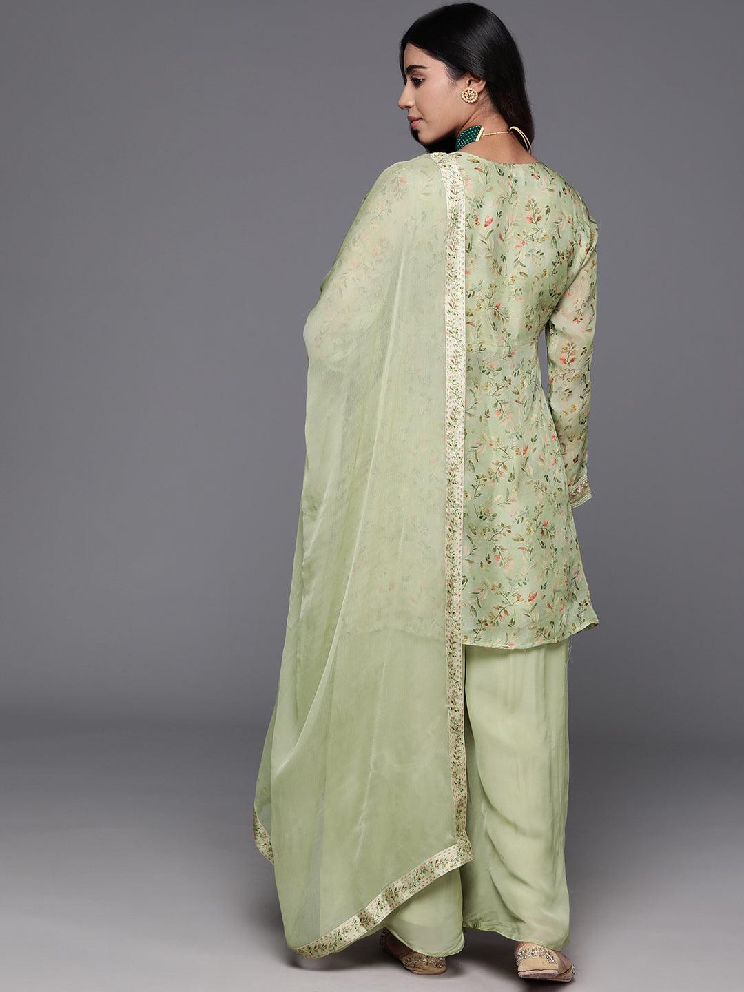 Green Printed Organza A-Line Kurta With Palazzos & Dupatta - Libas