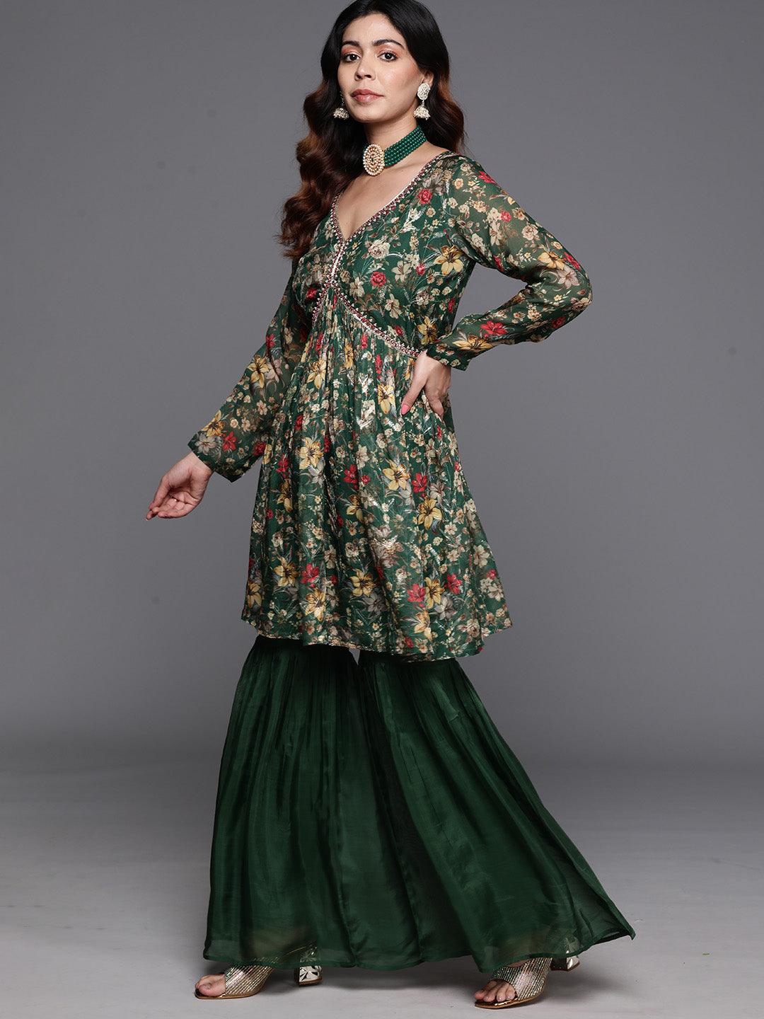 Green Printed Organza A-Line Kurta With Sharara & Dupatta - Libas