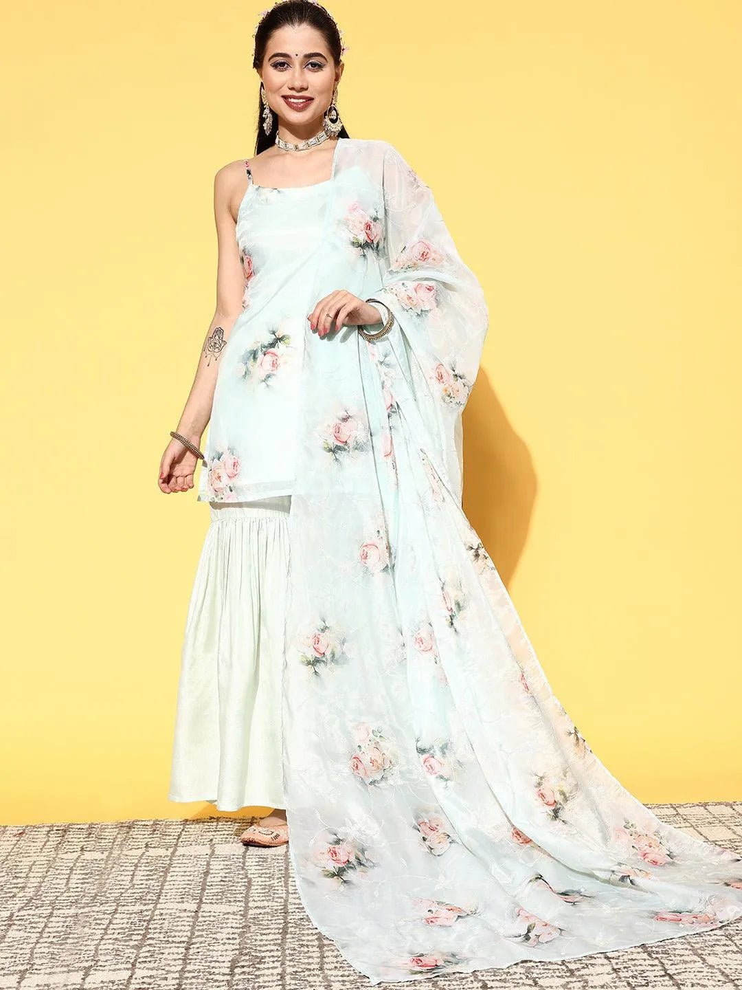 Green Printed Organza Straight Suit Set - Libas