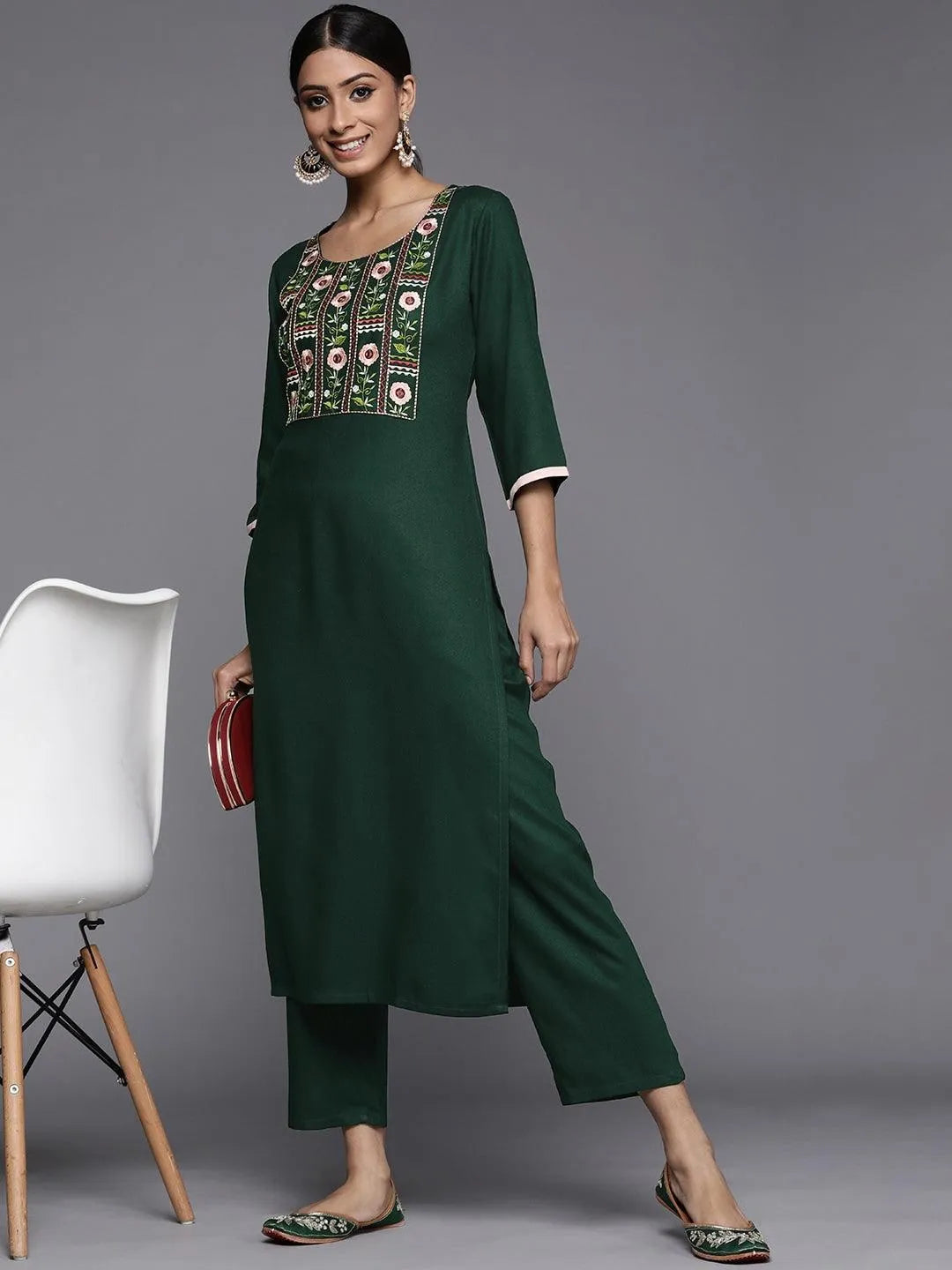 Green Printed Pashmina Wool Kurta - Libas