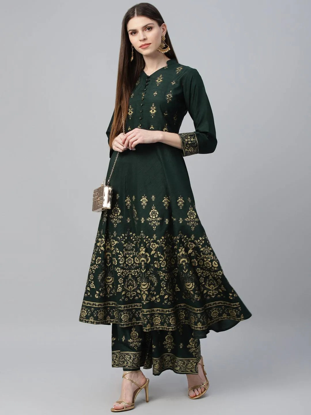 Green Printed Polyester Kurta Set - Libas 