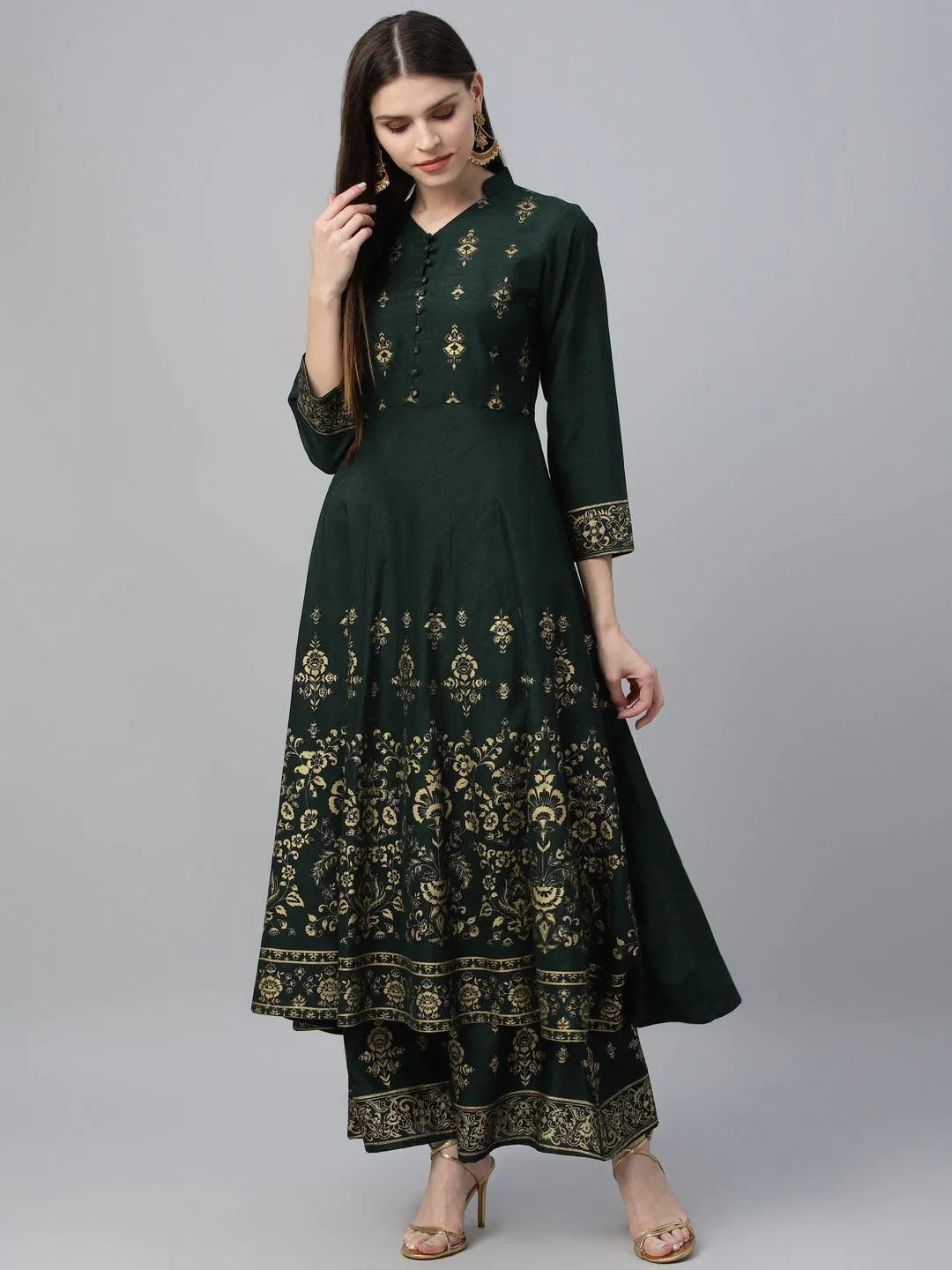 Green Printed Polyester Kurta Set - Libas 