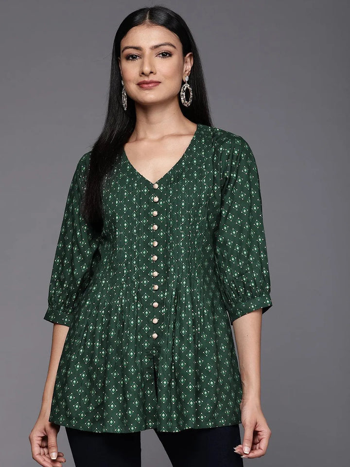 Green Printed Rayon A-Line Kurti - Libas