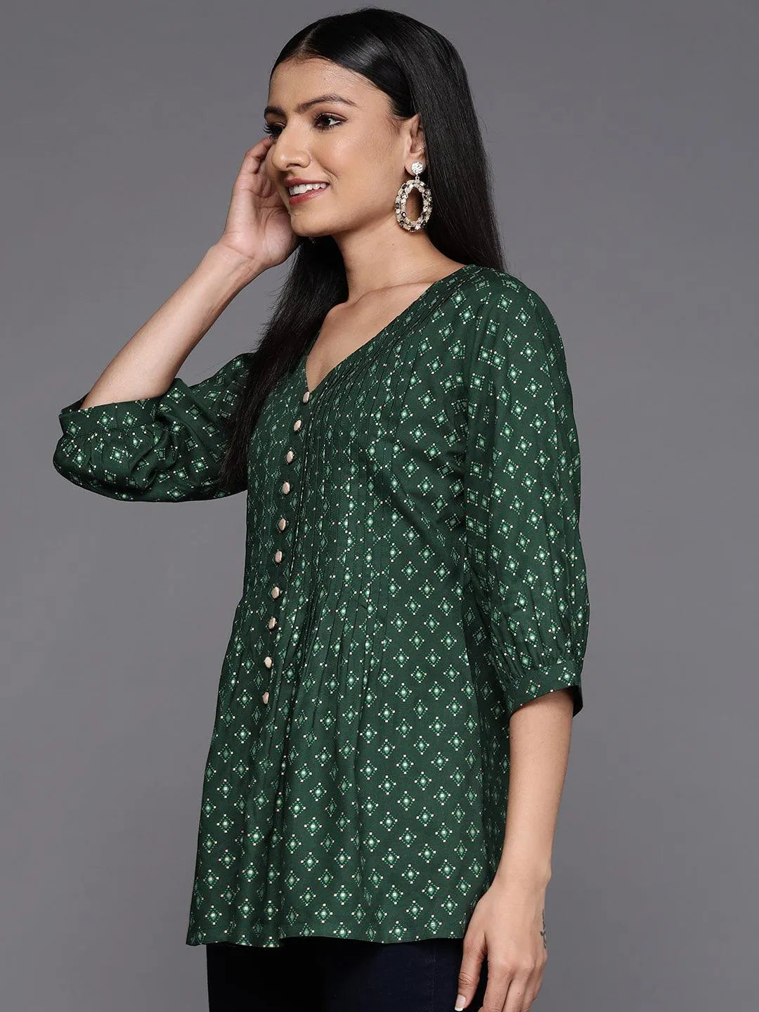 Green Printed Rayon A-Line Kurti - Libas