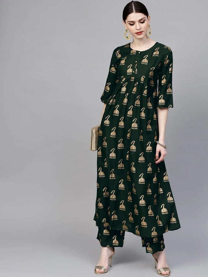 Green Printed Rayon Kurta Set - Libas