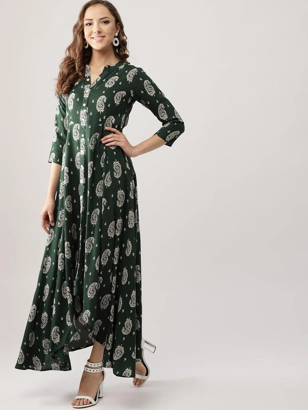 Green Printed Rayon Dress - Libas 