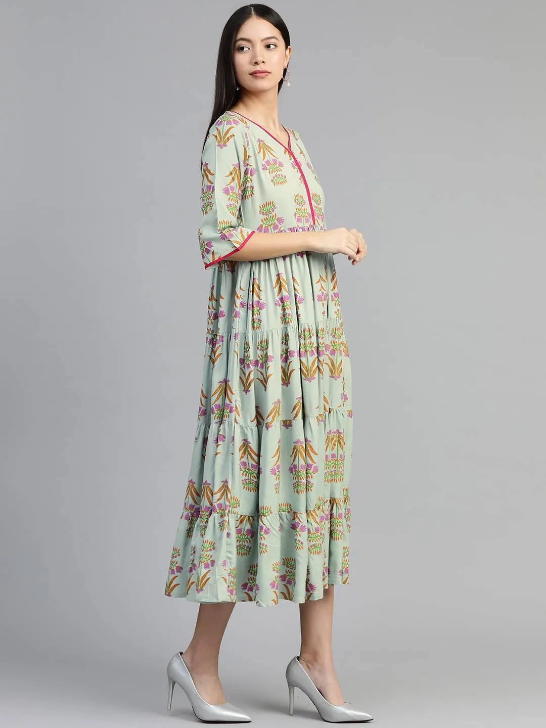 Green Printed Rayon Dress - Libas