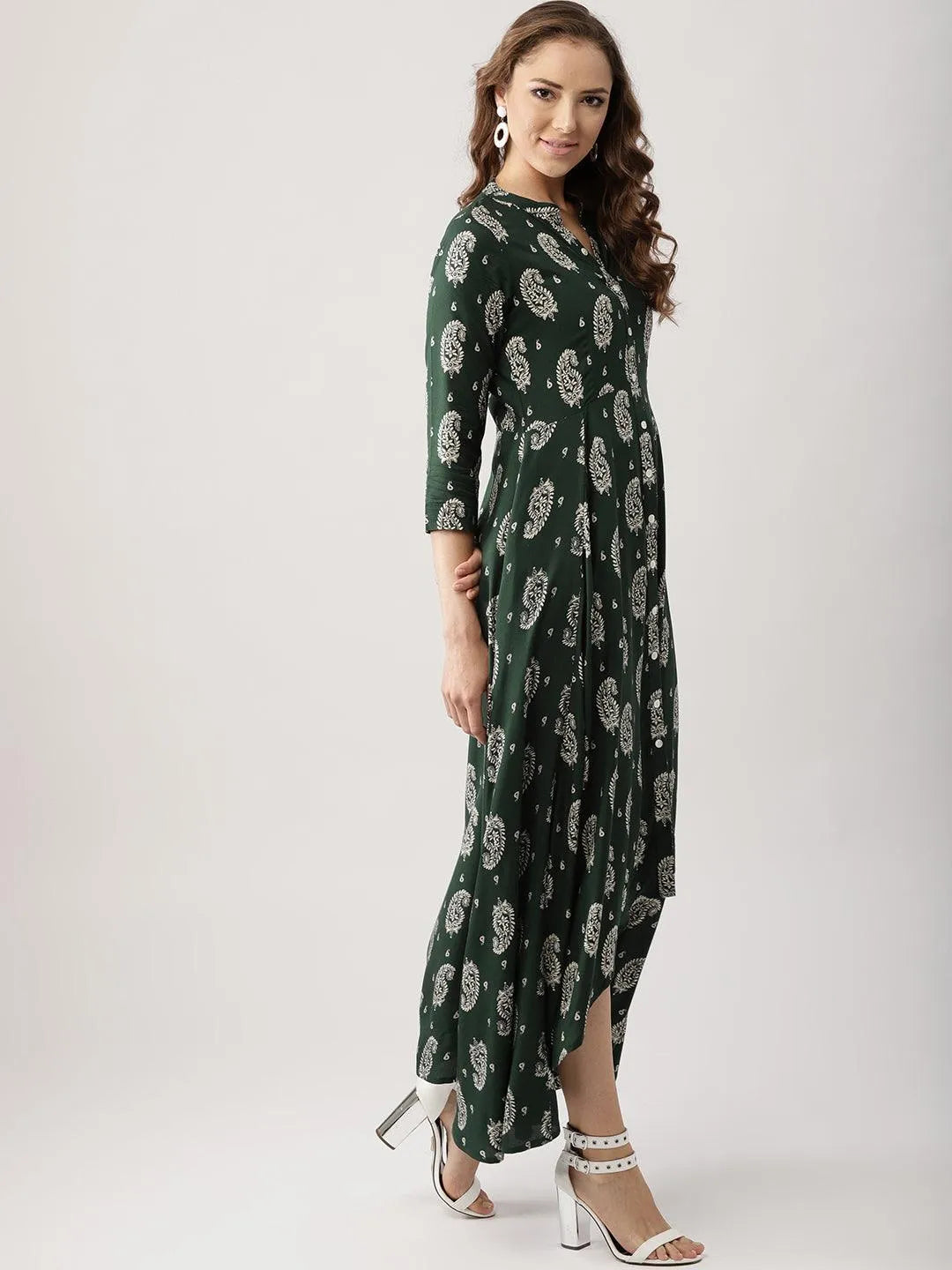 Green Printed Rayon Dress - Libas 