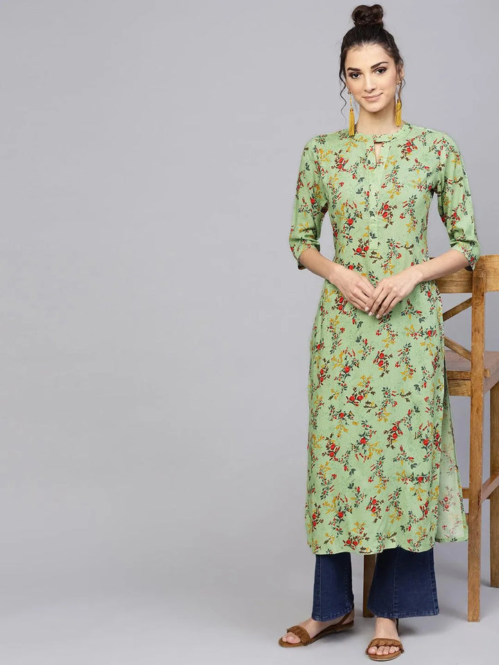 Green Printed Rayon Kurta - Libas