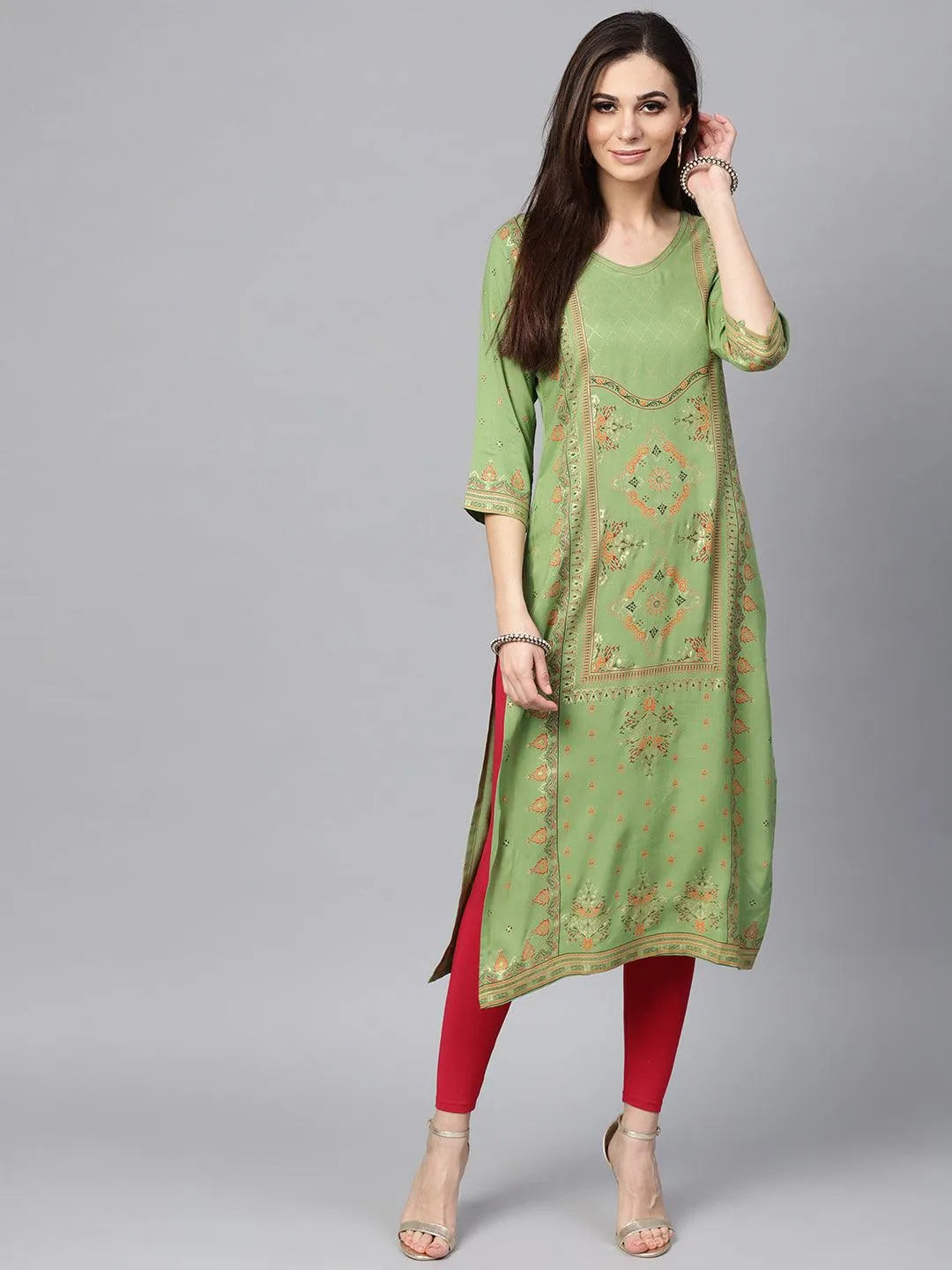 Green Printed Rayon Kurta - Libas