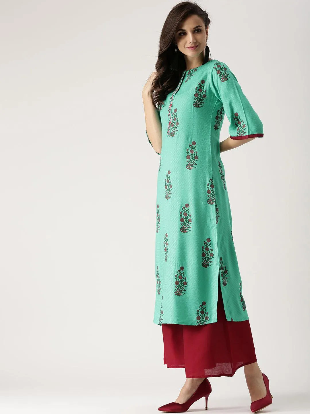 Green Printed Rayon Kurta - Libas 