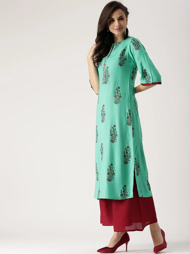 Green Printed Rayon Kurta - Libas