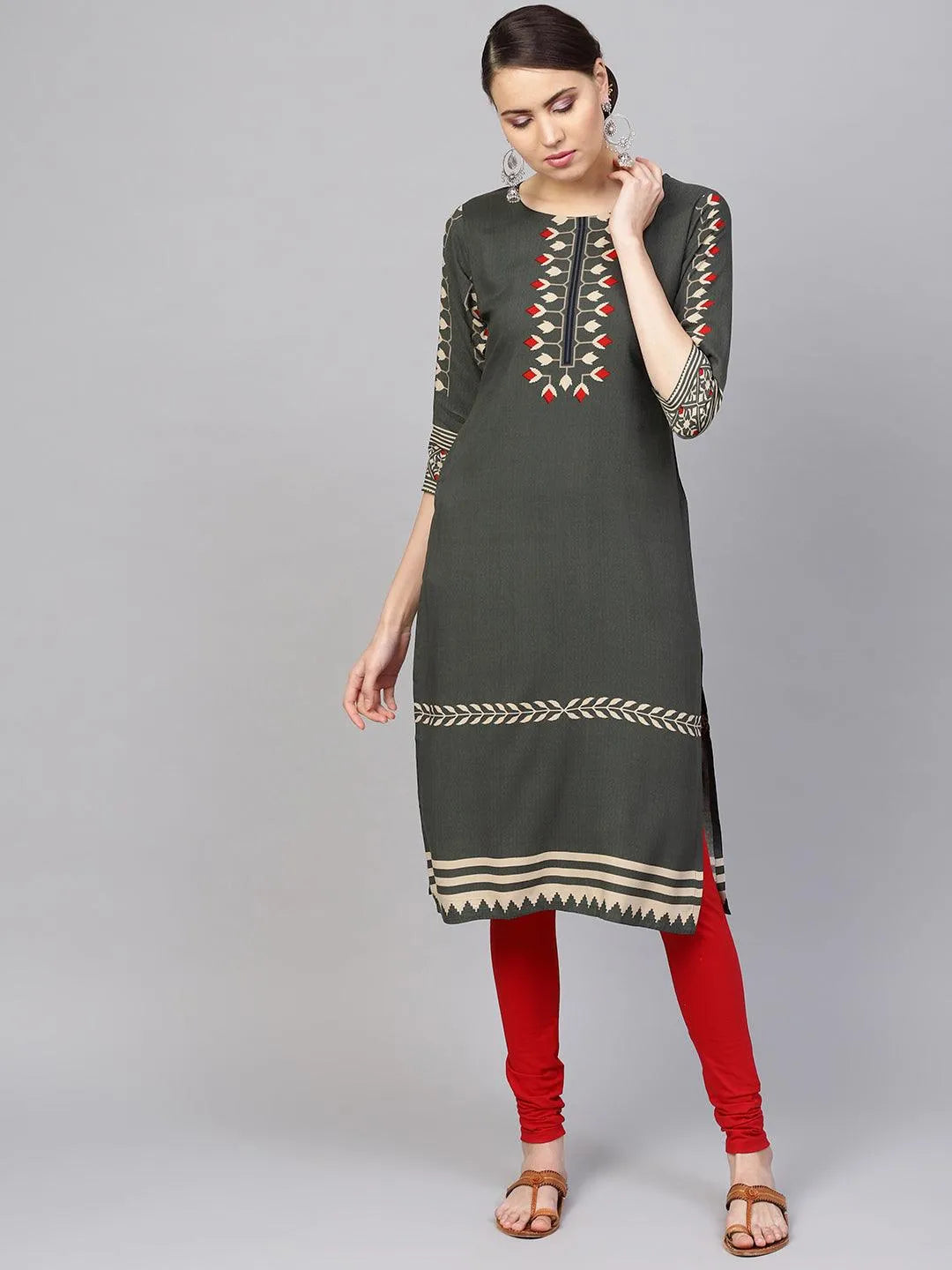 Green Printed Rayon Kurta - Libas