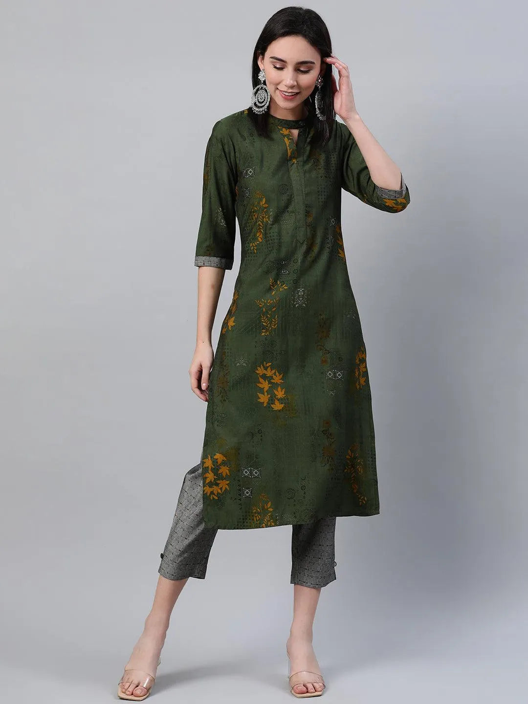 Green Printed Rayon Kurta - Libas