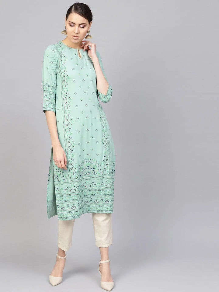 Green Printed Rayon Kurta - Libas