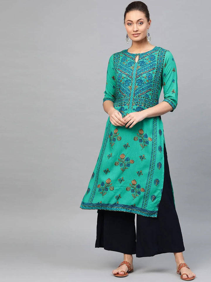 Green Printed Rayon Kurta - Libas