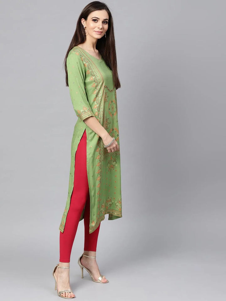 Green Printed Rayon Kurta - Libas