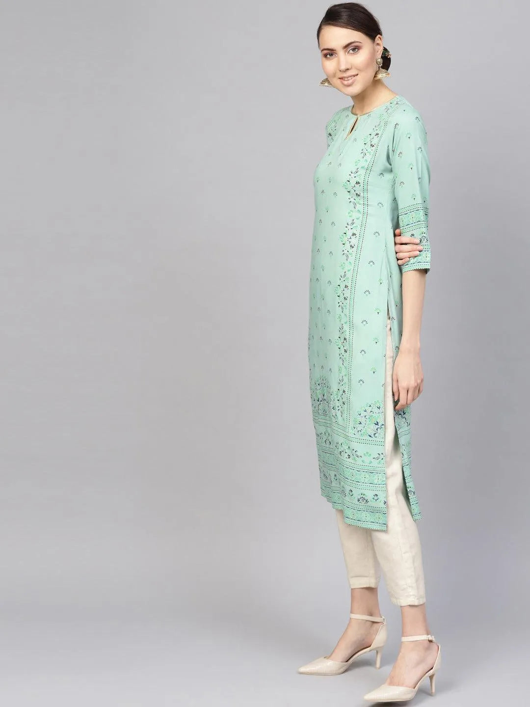 Green Printed Rayon Kurta - Libas