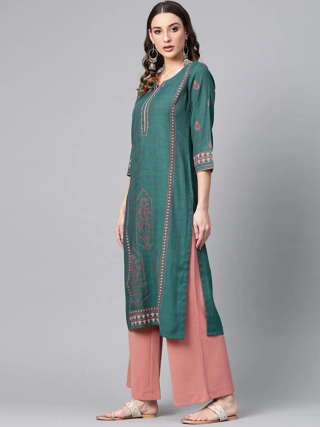 Green Printed Rayon Kurta - Libas