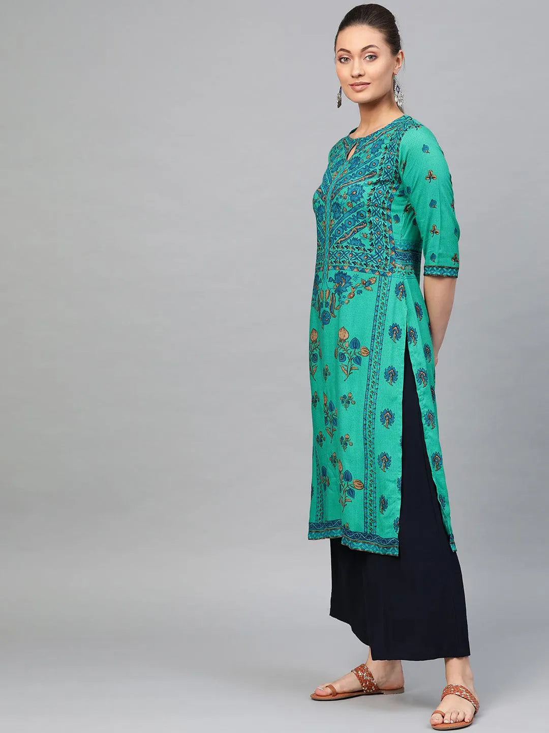 Green Printed Rayon Kurta - Libas