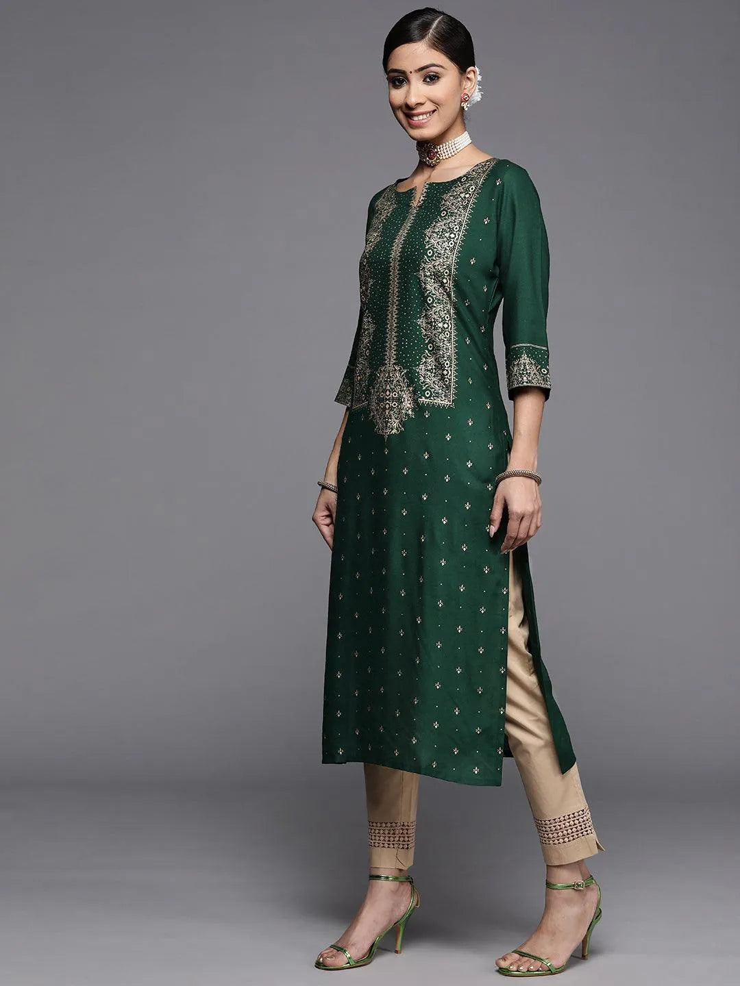 Green Printed Rayon Kurta - Libas