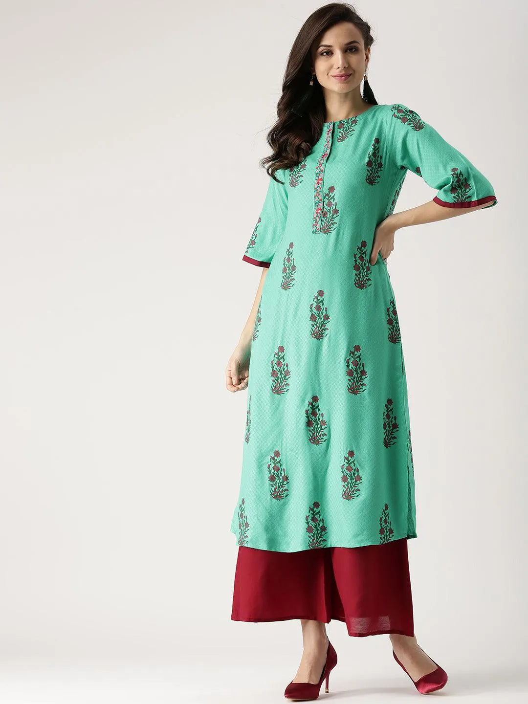 Green Printed Rayon Kurta - Libas 