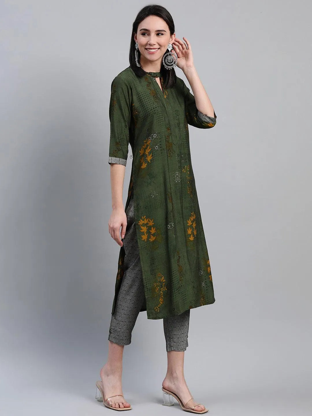 Green Printed Rayon Kurta - Libas