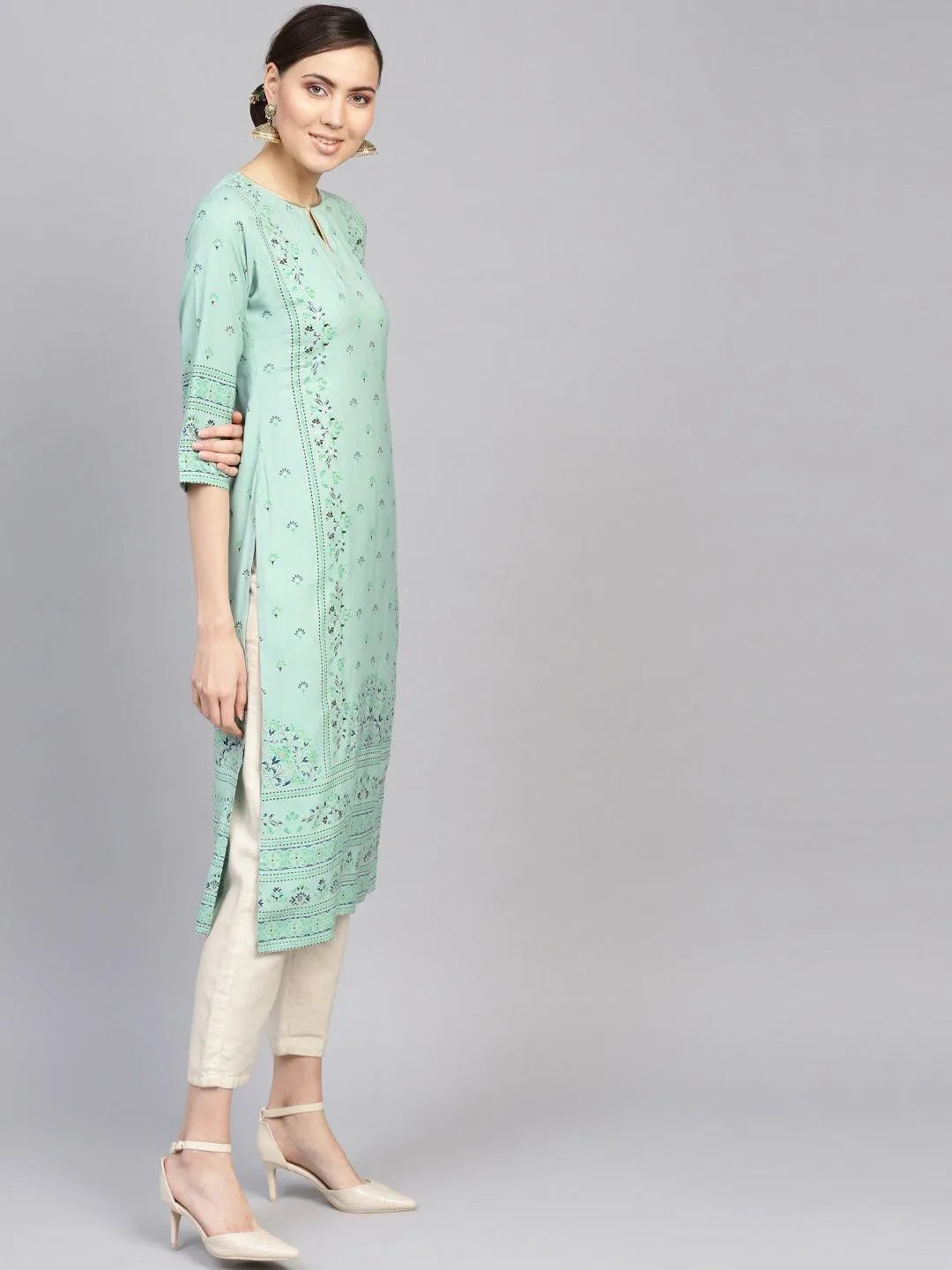 Green Printed Rayon Kurta - Libas