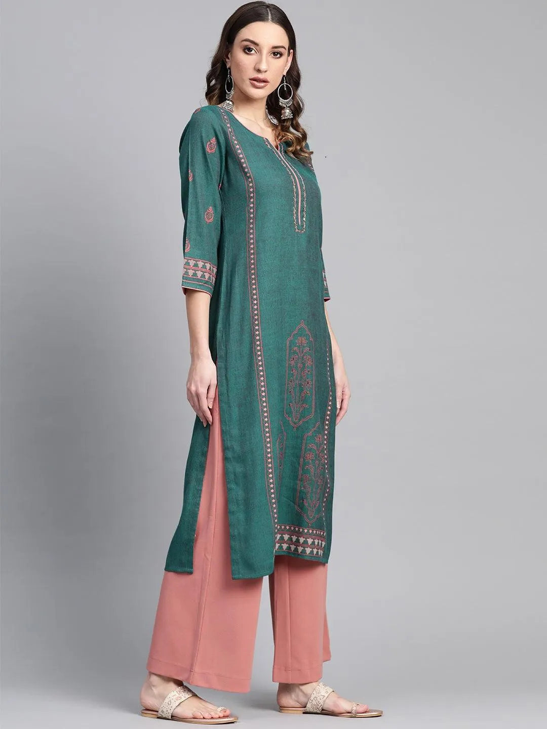 Green Printed Rayon Kurta - Libas