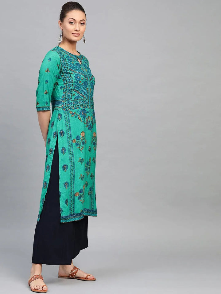 Green Printed Rayon Kurta - Libas