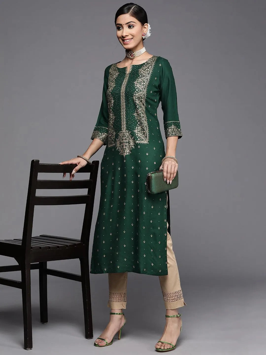 Green Printed Rayon Kurta - Libas