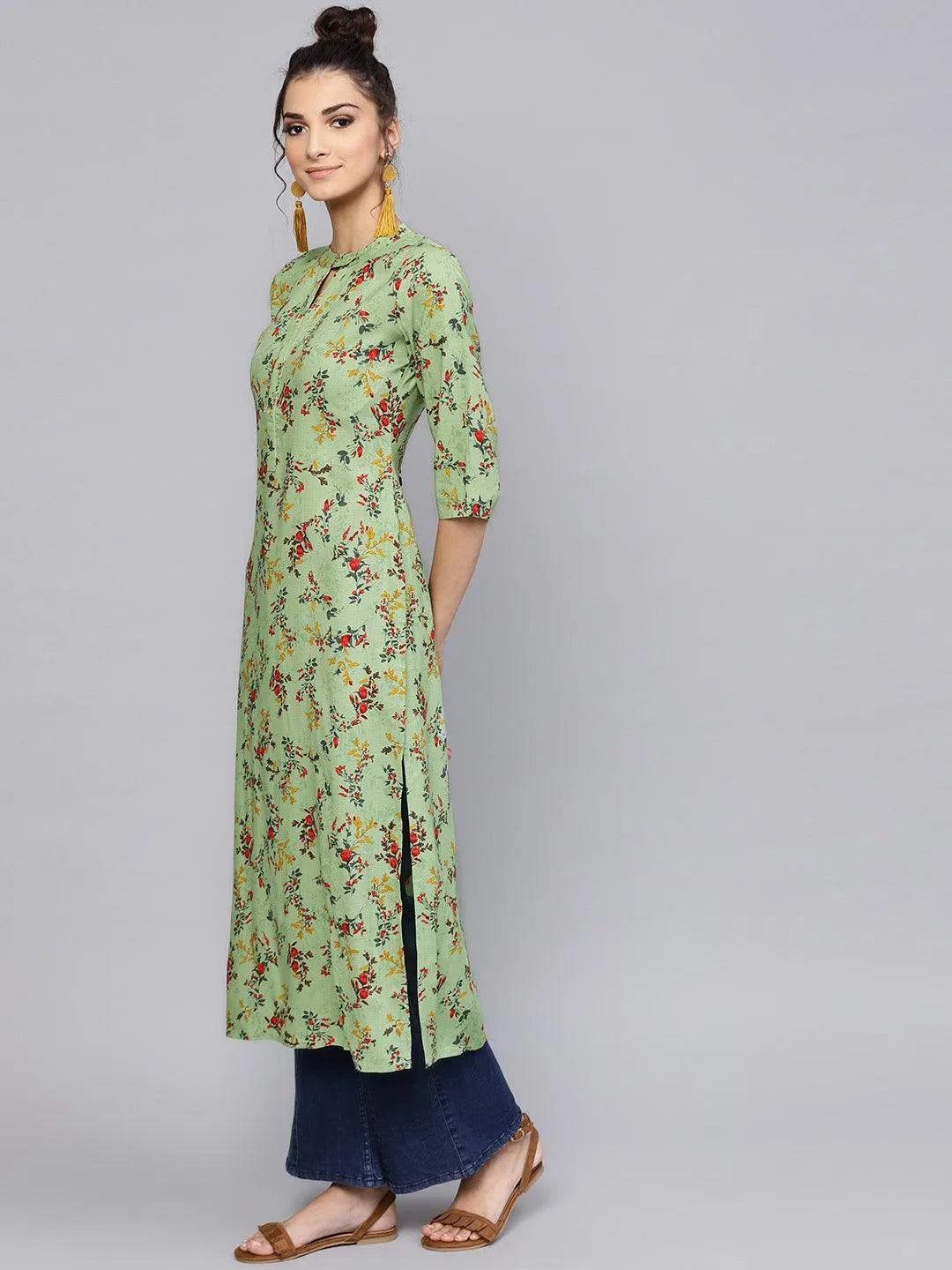 Green Printed Rayon Kurta - Libas