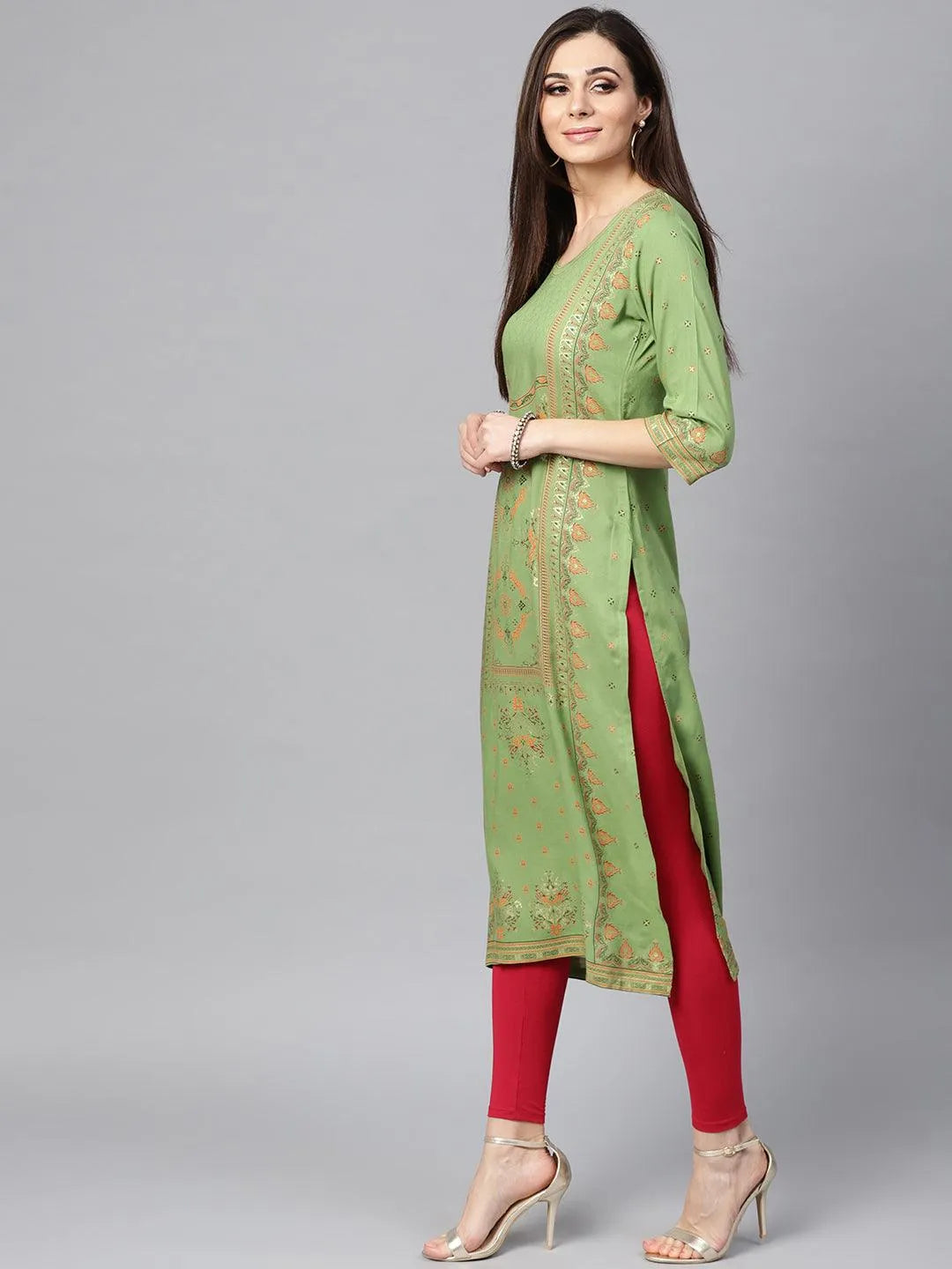 Green Printed Rayon Kurta - Libas